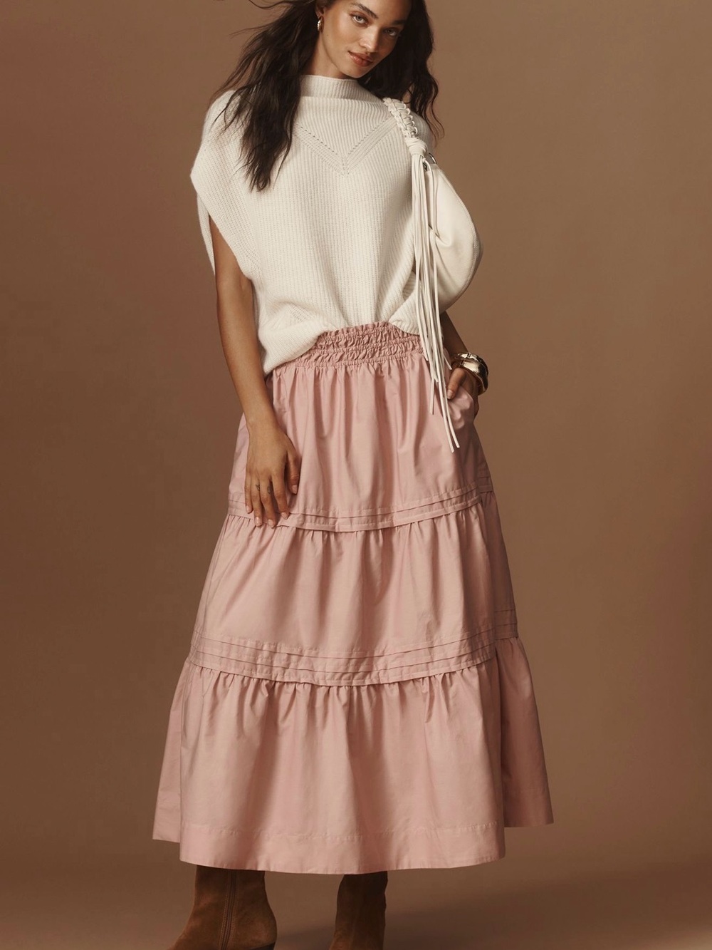 Loverly Grey Collection Anthropologie Tiered Maxi Skirt in Soft Pink
